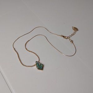 Cute Gold Tone Necklace With Bluish Green Pendant Adjustable 16 To 18.5 Inches